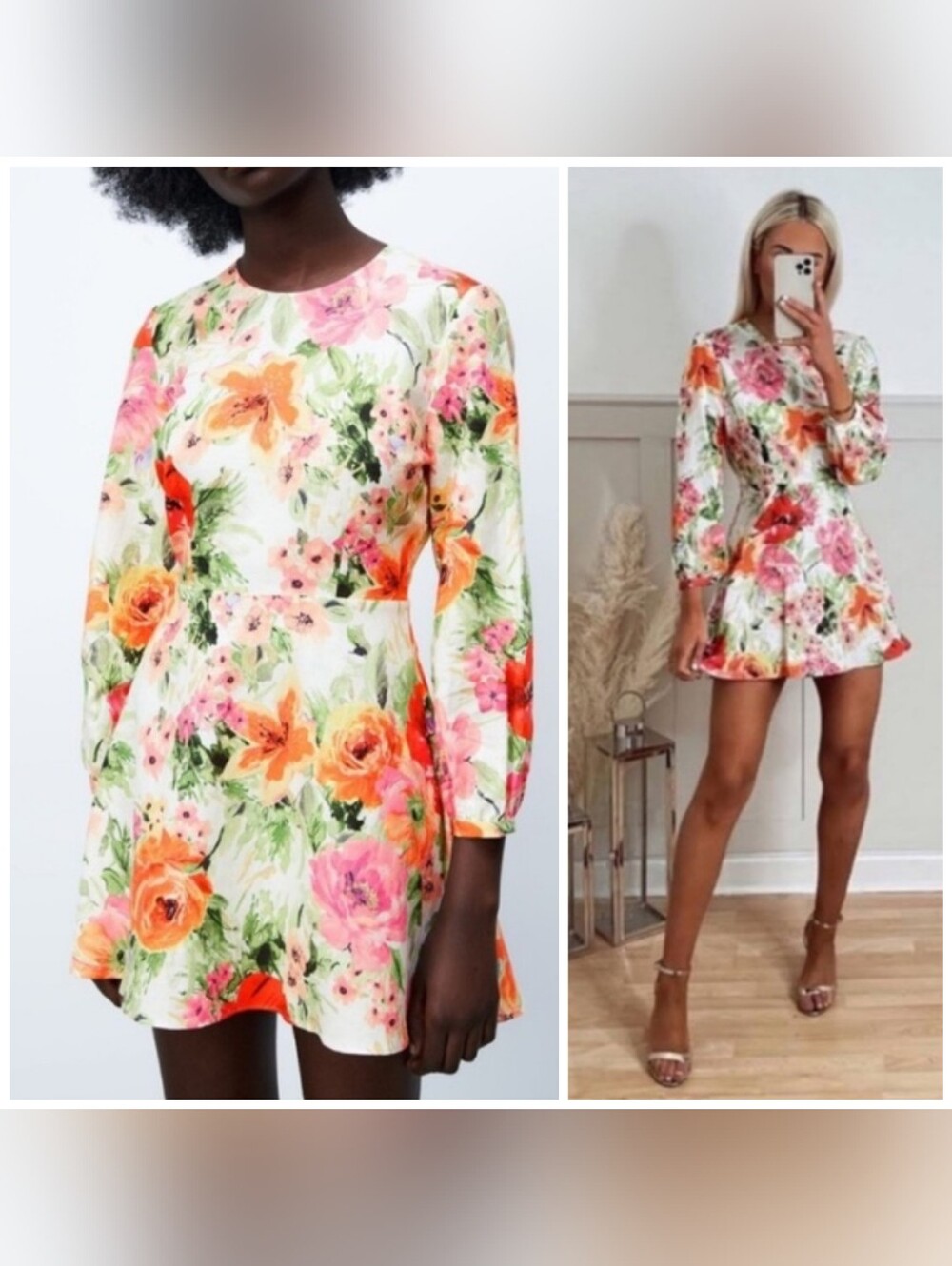 Zara Naya Open Back Floral Linen Mini Dress, Size XS, Long Baloon Sleeves